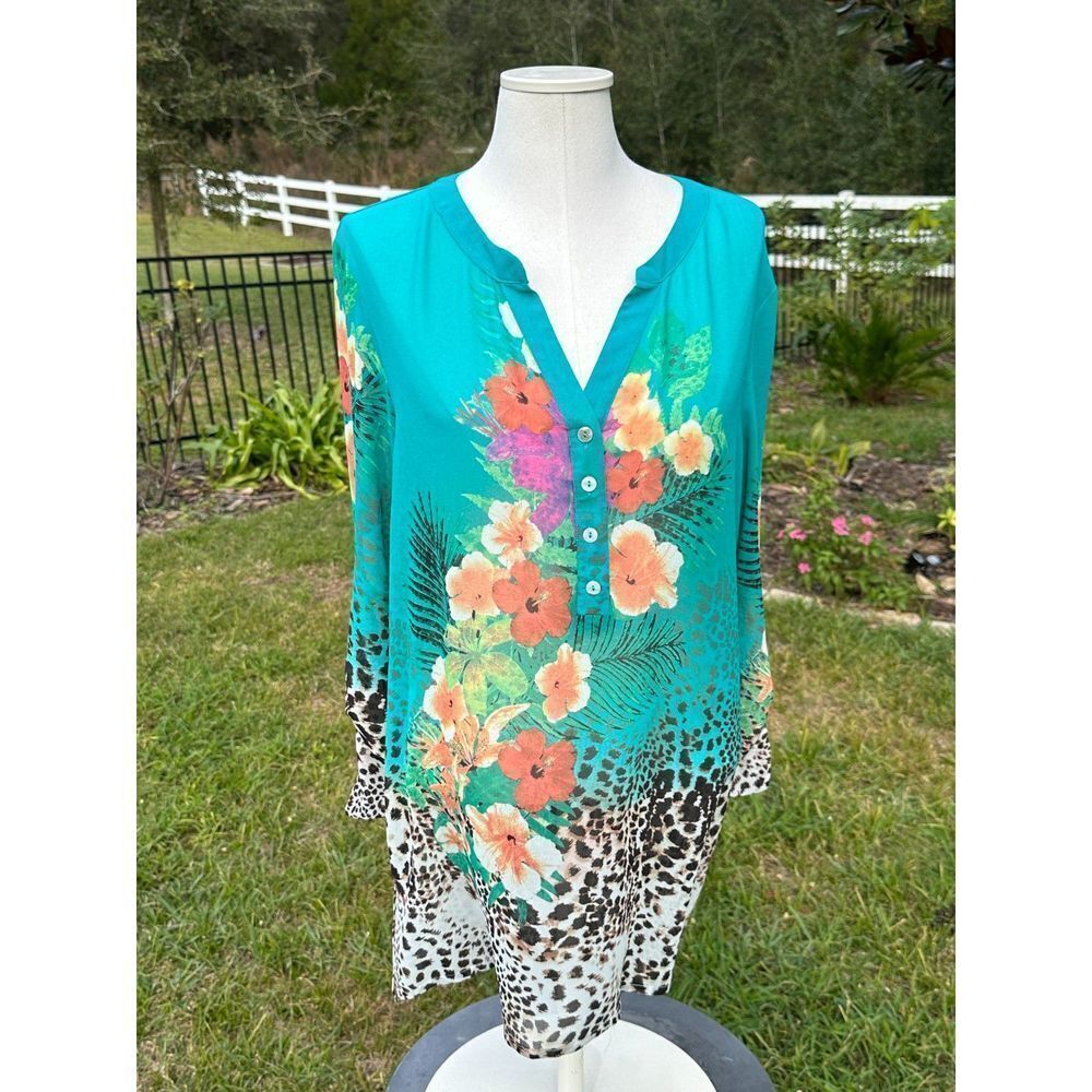 Soft Surroundings Tropical Animal Print Shirt Popover Tunic 1/2 sleeve rollup L